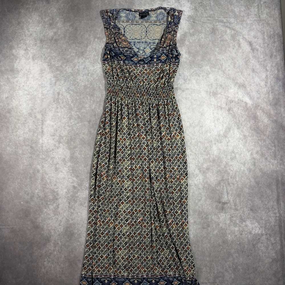 En Focus Studio Blue Geometric Paisley Smocked Waist Maxi Dress 6 Boho Peasant